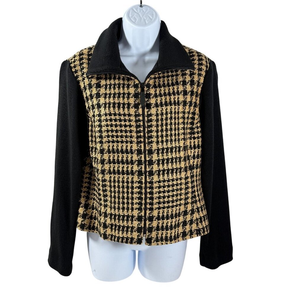 Vintage Emil‎ Rutenburg Womens Houndstooth Cardigan Jacket Black & Camel Size L